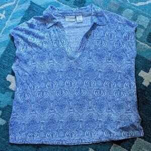 RACHEL ZOE Women Sz L Shirt Blue White Floral Linen Cap Sleeves Polo Collar